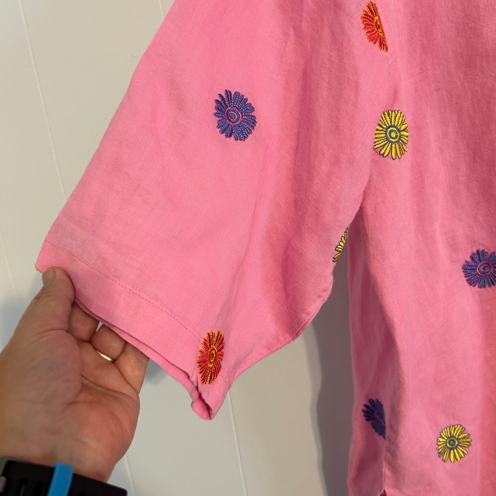 Casey Coleman Pink 100% Linen Embroidered Daisy Button Up Shirt Womens Large - Picture 4 of 11
